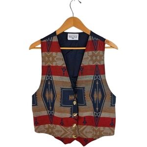 Vintage Tribal Patterned Vest with Buttons Women Size Medium Blue Red Beige Tan